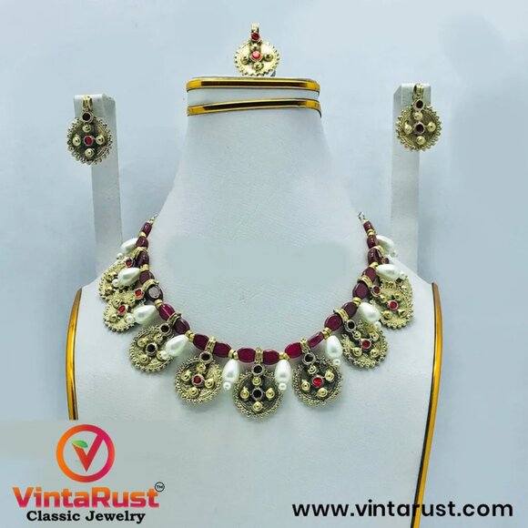 Pearls and Beads Jewelry Set, Handmade Coins Jewelry Set With Glass Stones, - Picture 12 of 12